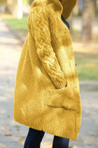Vêtement d'extérieur à col à capuche et cardigan uni décontracté jaune