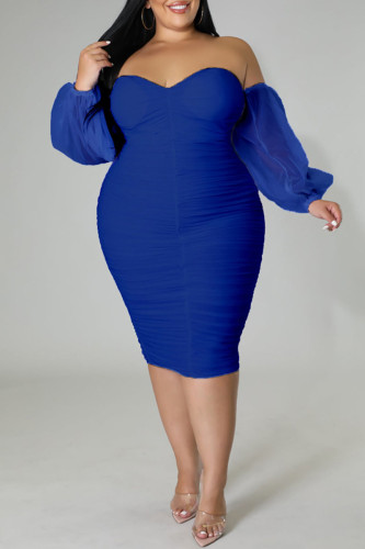 Blue Sexy Solid Patchwork Off the Shoulder One Step Skirt Plus Size Dresses