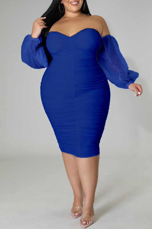 Синяя сексуальная однотонная лоскутная юбка с открытыми плечами Платья больших размеров