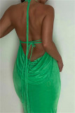 Robe longue à bretelles spaghetti dos nu en bandage solide vert sexy
