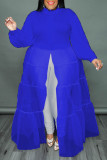 Blauwe mode casual effen patchwork gesp turndown kraag plus size jurken