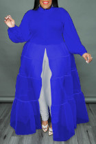 Vestidos tamanho grande casual azul patchwork sólido com fivela gola redonda