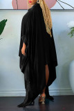 Vestido casual preto com fivela patchwork assimétrica gola virada para baixo vestidos de tamanho grande