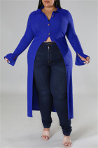 Blauer, lässiger, solider Patchwork-Cardigan mit Turndown-Kragen und Mantel in Übergröße
