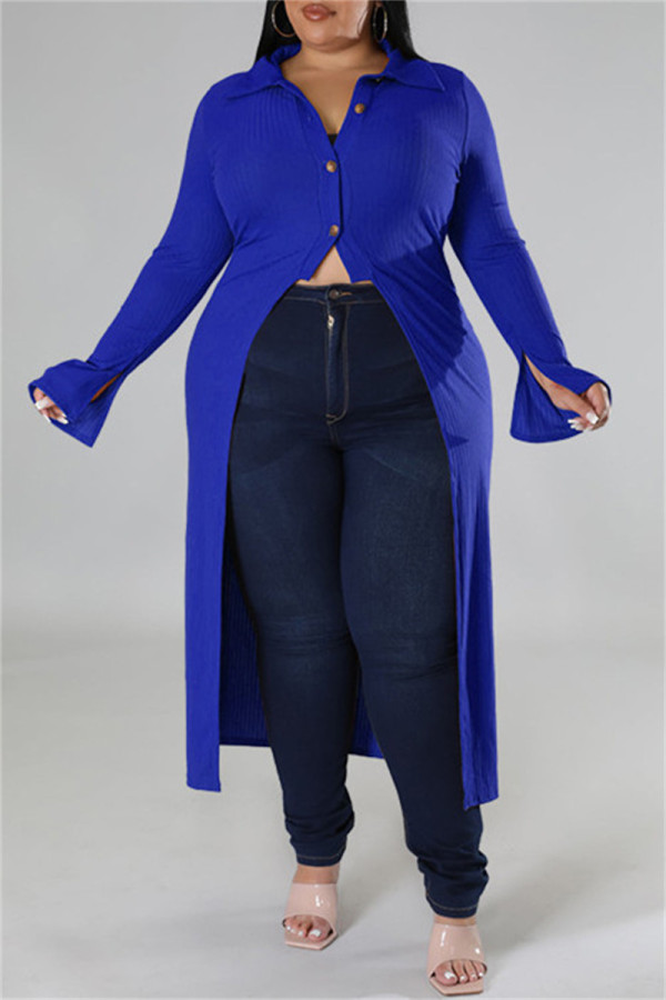 Синий повседневный однотонный кардиган в стиле пэчворк с отложным воротником плюс размер пальто