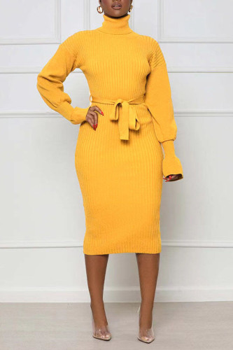 Amarillo casual elegante sólido vendaje patchwork cuello alto un paso falda vestidos