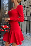 Rode sexy casual effen patchwork vierkante kraag jurken met lange mouwen