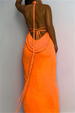 Robe longue à bretelles spaghetti dos nu en bandage solide orange sexy