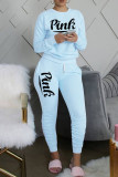 Light Blue Casual Letter Print Basic O Neck Long Sleeve Two Pieces