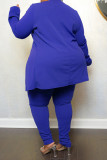 Pantalones cárdigan sólidos informales azules con cuello vuelto de talla grande de dos piezas
