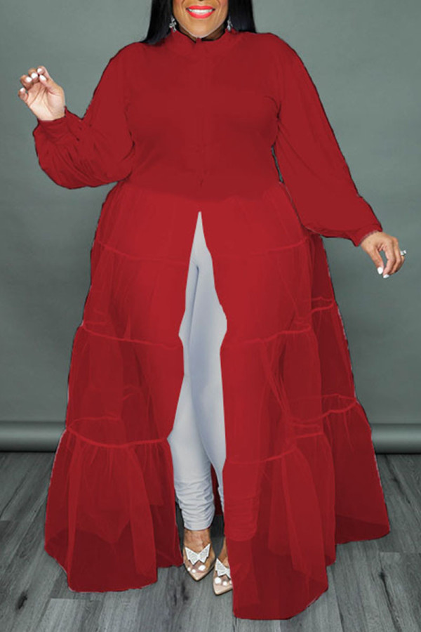 Бордовые модные повседневные однотонные платья в стиле пэчворк с отложным воротником и пряжкой больших размеров