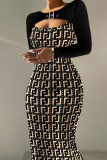 Черная элегантная выдолбленная лоскутная юбка с круглым вырезом и принтом Платья больших размеров