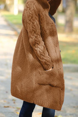 Coffee Casual Hooded Collar Long Sleeve Longline Cardigan Knitted Sweater Jackets