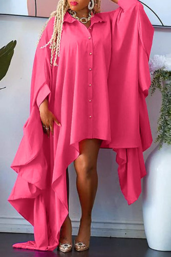 Rose Red Casual Solid Patchwork Buckle Asymmetrical Turndown Collar Irregular Dress Plus Size Dresses