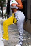 Pantalones casuales de cintura alta en contraste de patchwork amarillo gris