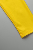 Vestidos retos amarelos com estampa casual patchwork gola