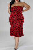Roter, sexy, lässiger Print, Leopard, ausgehöhlter Rollkragenpullover, plus Größe, zweiteilig