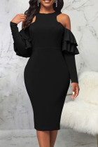Черные элегантные однотонные платья-юбки в стиле пэчворк с оборками и круглым вырезом