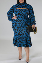 Azul sexy estampado casual leopardo ahuecado cuello alto más tamaño dos piezas