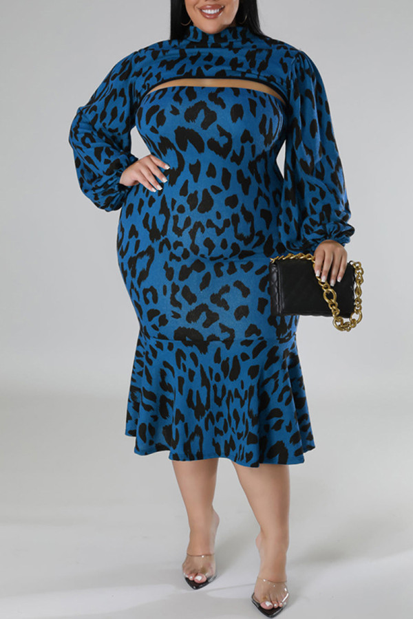 Blauer, sexy, lässiger Print mit Leopardenmuster, ausgehöhlter Rollkragenpullover in Übergröße, zweiteilig