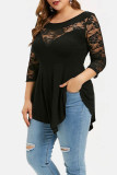 Grey Casual Solid Patchwork See-through Asymmetrical O Neck Tops