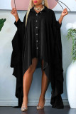 Vestido casual preto com fivela patchwork assimétrica gola virada para baixo vestidos de tamanho grande