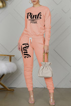 Pink Orange Casual Letter Print Basic O Neck Long Sleeve Two Pieces