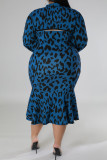 Blå Sexig Casual Print Leopard urholkad turtleneck Plus storlek två delar