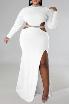 Vita sexiga formella solida urholkade lapptäcksslits Half a turtleneck långärmade klänningar i plusstorlek