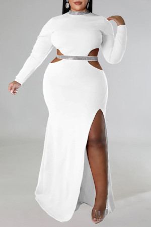 White Sexy Formal Solid Hollowed Out Patchwork Slit Half A Turtleneck Long Sleeve Plus Size Dresses