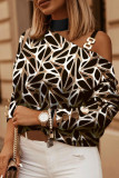 Khaki Casual Print Hollowed Out Turtleneck Tops