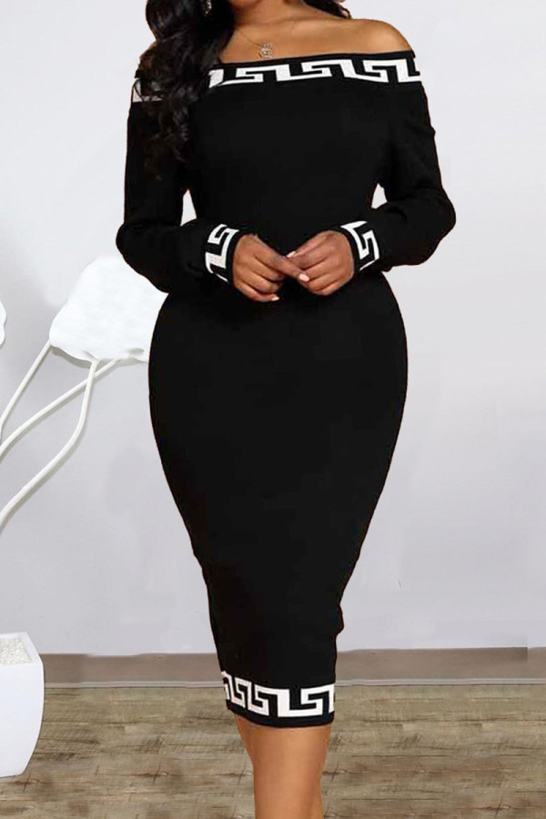 Falda de un solo paso con hombros descubiertos y estampado casual negro Vestidos de talla grande