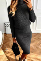 Black Casual Solid Basic Turtleneck Long Sleeve Two Pieces