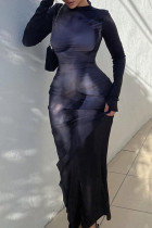 Vestidos de falda de un paso con cuello en O de patchwork con estampado sexy negro