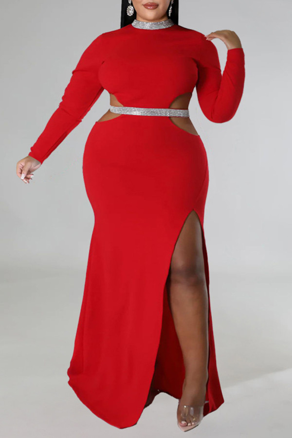 Rojo sexy formal sólido ahuecado hacia fuera patchwork hendidura medio cuello alto manga larga vestidos de talla grande