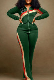 Colletto cardigan con cerniera patchwork stampa abbigliamento sportivo casual verde manica lunga due pezzi