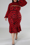Roter, sexy, lässiger Print, Leopard, ausgehöhlter Rollkragenpullover, plus Größe, zweiteilig