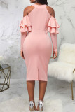 Vestidos de saia de um passo rosa elegante de patchwork sólido decote oco