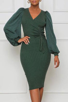 Ink Green Casual Solid Patchwork Draw String V Neck Pencil Skirt Dresses