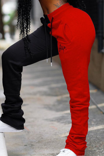 Black Red Casual Patchwork Contrast Regular High Waist Trousers