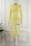 Yellow Casual Solid Tassel Patchwork Buckle Turndown Collar Tops