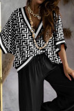 Apricot Casual Print Patchwork V Neck Three Quarter Two Pieces Blouse Tops And Wide Leg Pants Sets