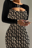 Zwarte elegante print uitgehold patchwork O-hals eenstaps rok Grote maten jurken
