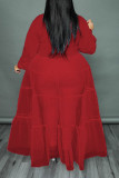 Бордовые модные повседневные однотонные платья в стиле пэчворк с отложным воротником и пряжкой больших размеров