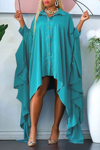 Green Casual Solid Patchwork Buckle Asymmetrical Turndown Collar Irregular Dress Plus Size Dresses