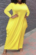 Желтые модные повседневные однотонные лоскутные базовые платья больших размеров с круглым вырезом и длинными рукавами