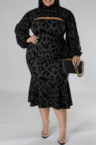 Black Sexy Casual Print Leopard Hollowed Out Turtleneck Plus Size Two Pieces