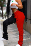 Calça preta vermelha casual patchwork contraste regular cintura alta