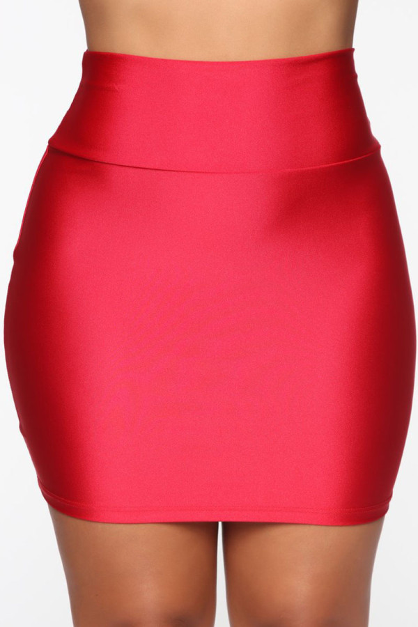 Rojo casual elegante sólido patchwork flaco cintura alta lápiz fondo de color sólido
