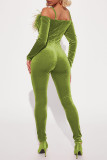 Grön Gul Sexig Solid Patchwork fjädrar från axeln Skinny Jumpsuits